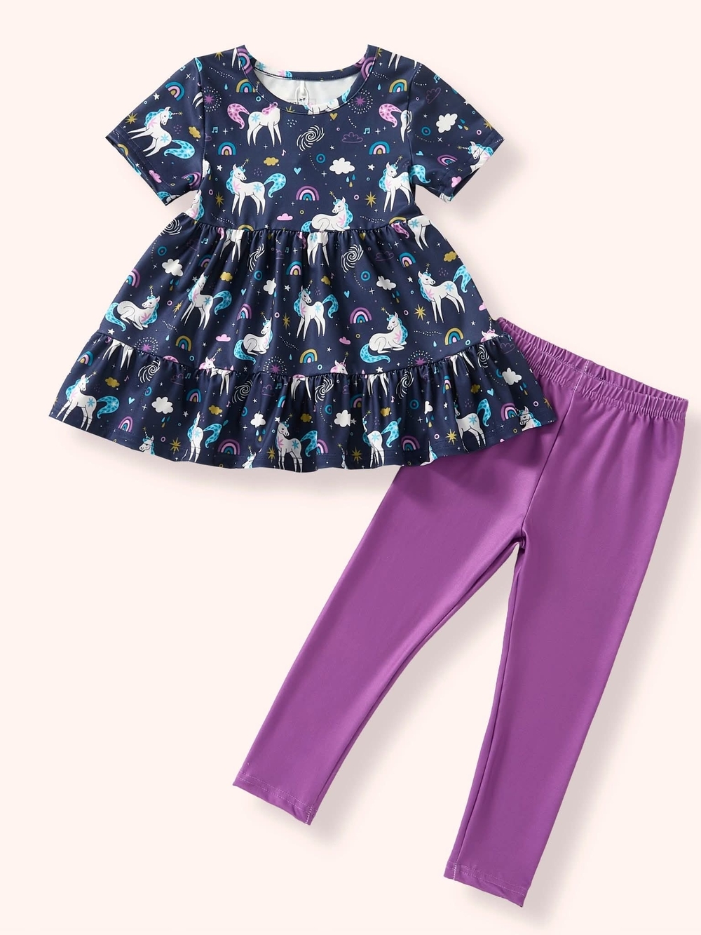 Unbranded Girls' Navy Unicorn Tunic & Purple Leggings Matching Set